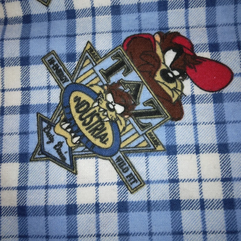 FABRIC Tasmanian Devil On Blue Plaid Flannel, Warner Brothers Licensed, c. 1997